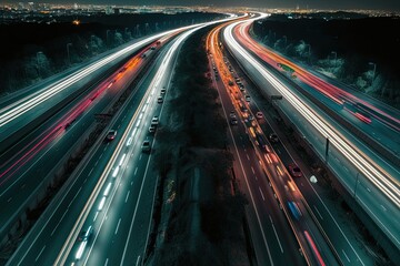 Obraz premium Stunning Nighttime Traffic Jam on Multi-Lane Freeway with Vibrant Light Trails in City Landscape