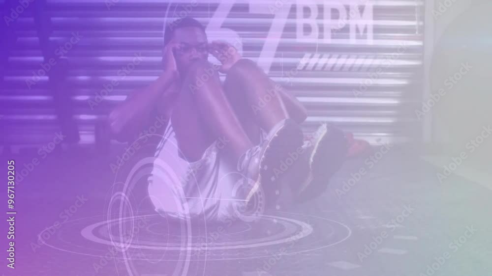 Poster animation of data processing and scope scanning over african american man doing sit ups