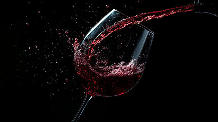 The elegance of a rich red wine is captured as it pours gracefully into a glass. The deep, velvety liquid swirls and cascades, showcasing its luxurious color and texture. The smooth pour emphasizes th