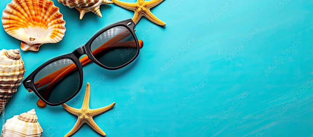 Leinwandbilder top view of sunglasses on a summer themed background with a seashell providing space for text or ima