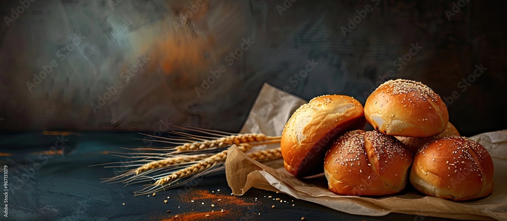 Aufkleber Delicious kaiser rolls and wheat ears on baking paper against a black background creating an appetizing copy space image