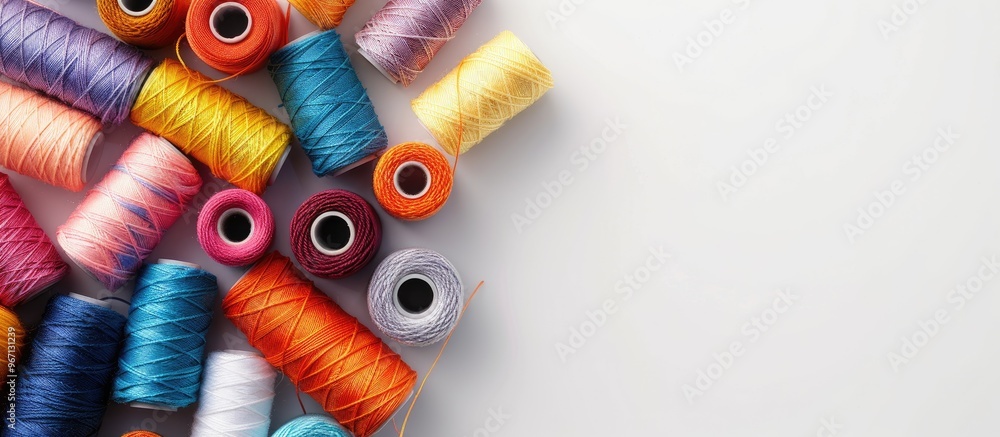 Aufkleber a top down view of vibrant sewing threads against a white backdrop allowing for copy space image