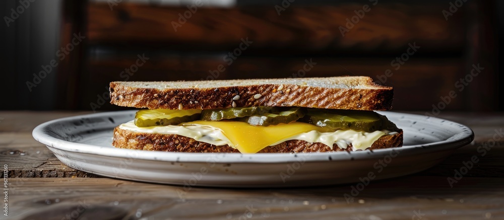 Poster plate featuring a homemade pickle sandwich with mayo and cheese captured from the side with copy spa