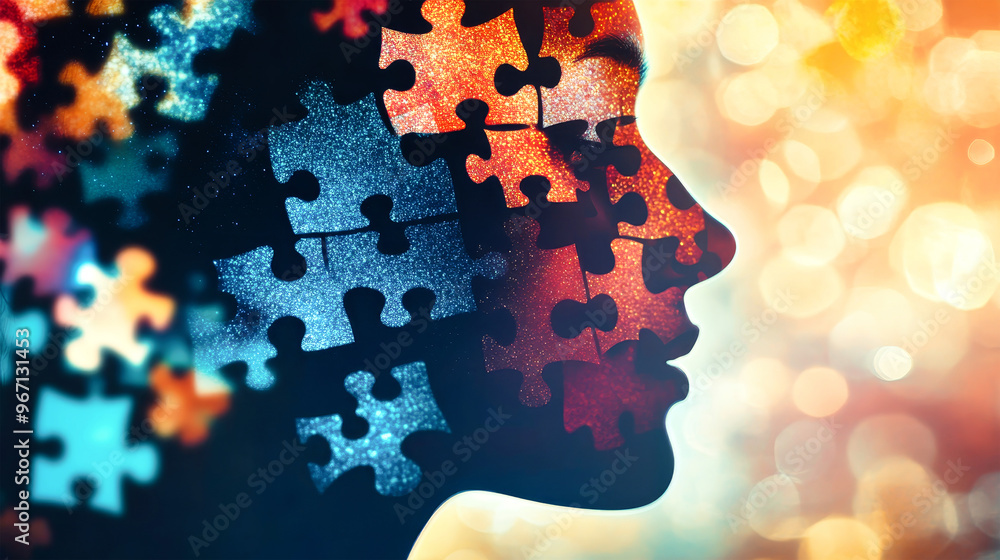 Poster a creative representation intertwines a man's profile with vibrant puzzle pieces, evoking introspect