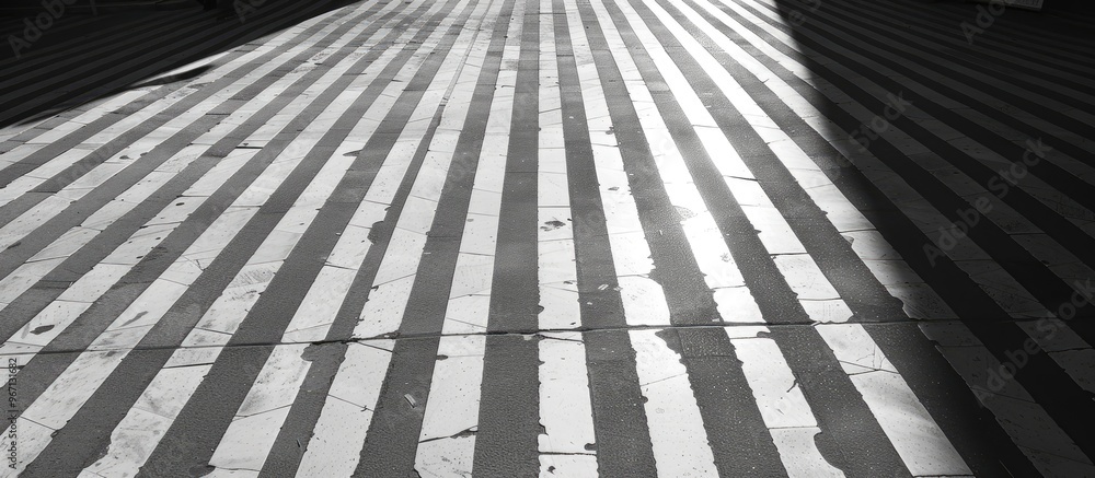 Poster monochrome tones form long geometric lines in a shadow pattern on the pavement creating an abstract 