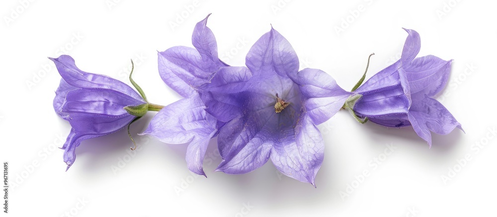 Aufkleber Top view of a Campanula flower on a white background ideal for text placement in a flat lay copy space image
