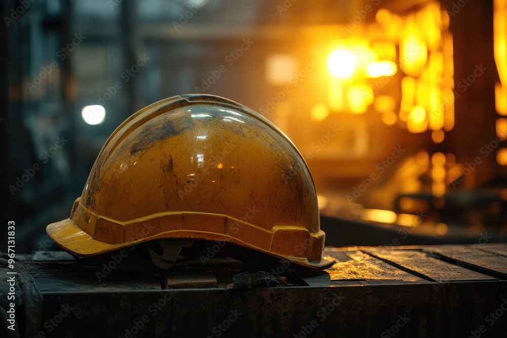 Wall mural Worn Yellow Hard Hat Resting on Metal Surface in Industrial Setting