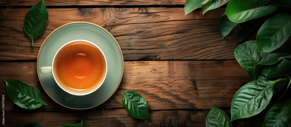 Poster a flat lay composition featuring a cup of invigorating green tea surrounded by leaves atop a wooden 