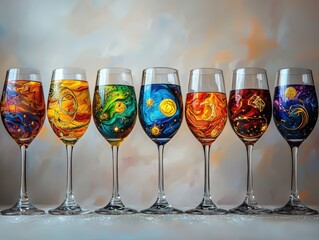 Artistic wine glass collection representing zodiac signs, featuring vibrant colors and intricate designs. Each glass showcases unique zodiac symbol, creating stunning visual display. 