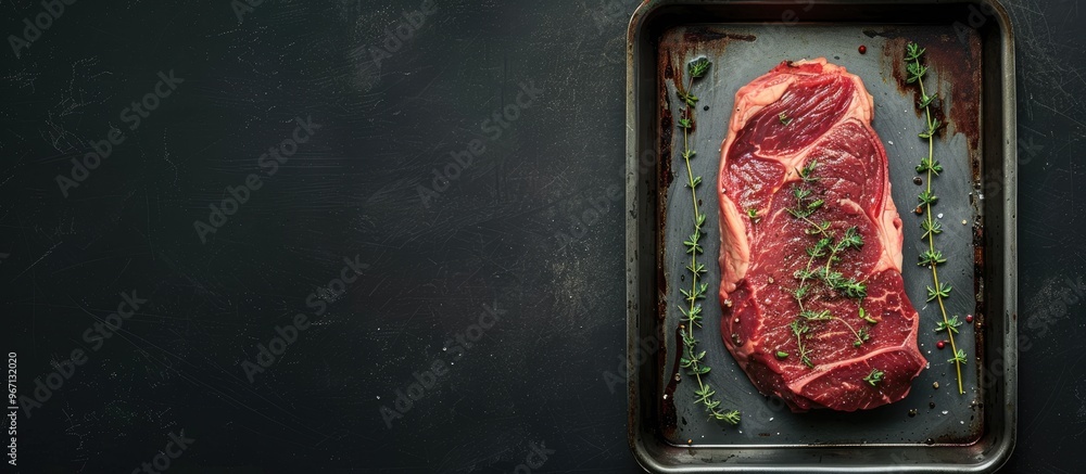 Poster steak with thyme on a steel tray against a black background in a top view copy space image