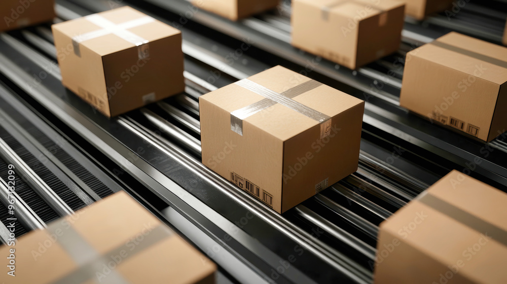Poster cardboard boxes glide along a conveyor belt, navigating a corner in a busy warehouse, highlighting t