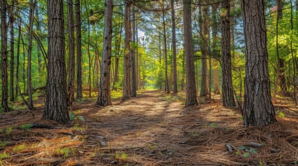 Fototapeta premium 3. An undisturbed, bare forest ground with a mixture of dirt, pine needles, and twigs, framed by towering trees and dappled sunlight filtering through the branches
