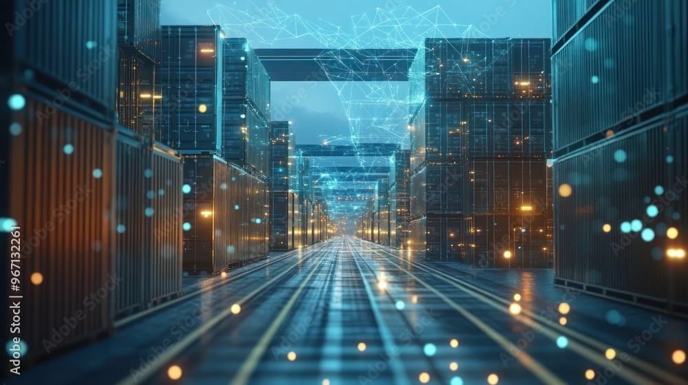 Poster futuristic container port with digital network connections