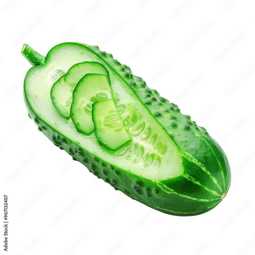 Poster freshly sliced cucumber on a transparent background showcasing bright green color and crisp texture 