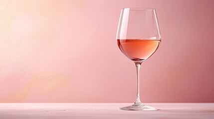 A beautifully crafted wine glass filled with rose wine stands elegantly against soft pink background, creating serene and inviting atmosphere. 