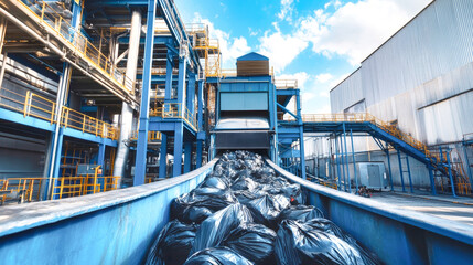 A bustling recycling facility processes black garbage bags with a covered conveyor, highlighting modern waste management techniques against a vivid blue backdrop