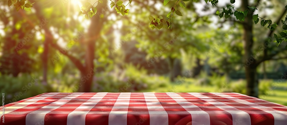 Fototapete picnic table set with red checkered tablecloth on outdoor table with copy space image available