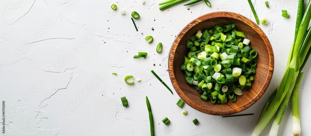 Aufkleber a wooden bowl holds chopped spring onions on a white table providing ample copy space in the image