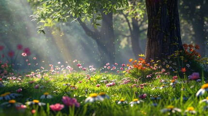 Fototapeta premium 11. A low angle shot capturing the vibrant details of forest grass and flowers, with the majestic trees and a hint of sunlight streaming through the branches above
