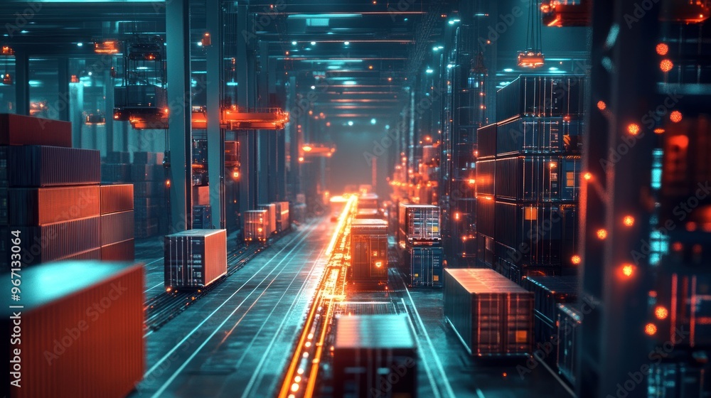 Poster a nighttime view of a cargo shipping terminal with cranes and containers