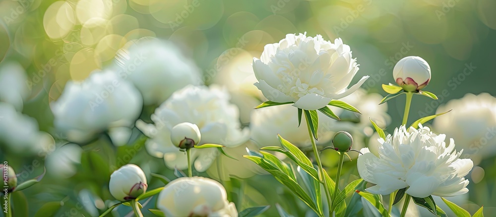 Fototapete Blooming white peonies close up in a spring garden with a green natural background creating a beautiful bokeh effect for a copy space image