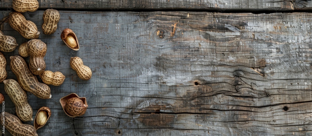 Aufkleber Peanuts with shells arranged on a weathered gray wooden surface with available copy space image