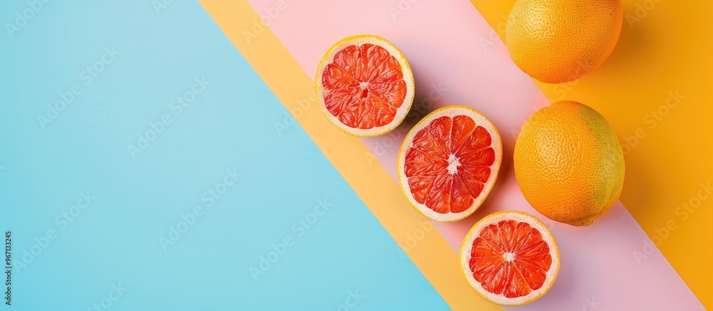 Fototapete top view of a juicy grapefruit with slices on a colorful background a creative summer concept with h