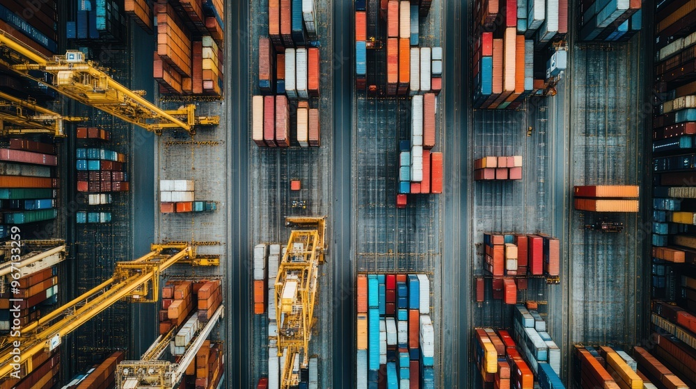 Poster aerial view of shipping containers and cranes at a busy port