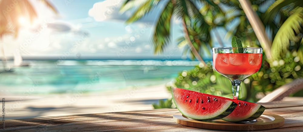 Poster a watermelon and a cocktail in a glass displayed on a wooden tray atop a white table with a blurred 