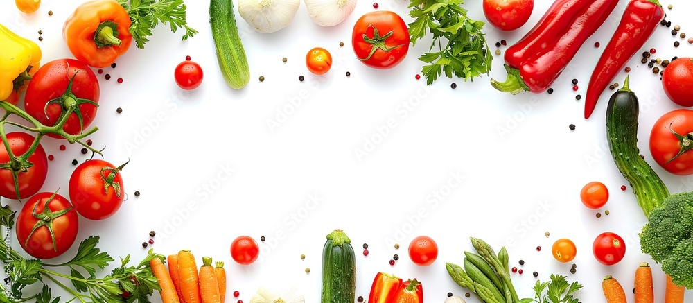 Aufkleber fresh vegetables creatively arranged in a frame on a white background suitable for a copy space imag