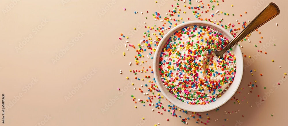 Poster Colorful sprinkles in a bowl with a spoon on a beige background with copy space image for customization