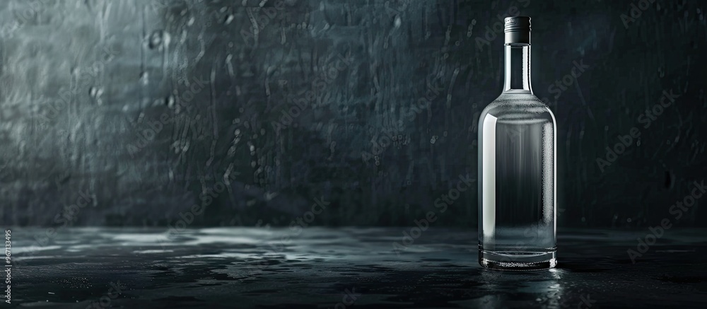 Poster Close up view of a bottle of vodka on a dark table with a designated copy space image included