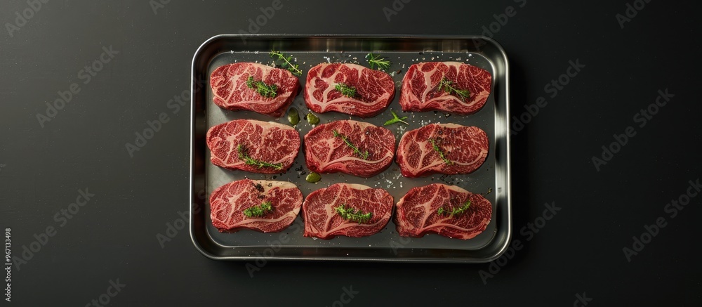 Poster a top down view of a steel tray with sliced wagyu new york beef or striploin steak garnished with he