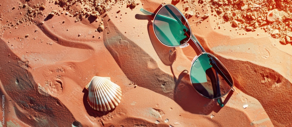 Fototapete top view flat lay of sunglasses placed on a summer themed background with a seashell providing a cop
