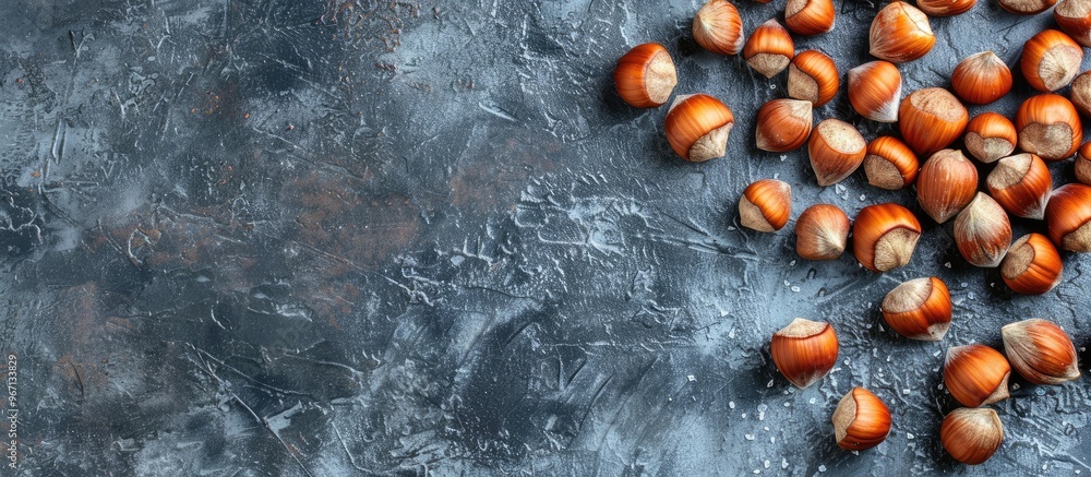 Aufkleber Top view of roasted hazelnuts on a gray stone surface with copy space image