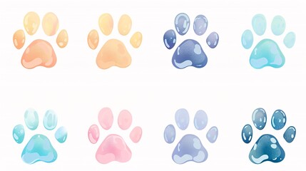 Fototapeta premium 26. A set of isolated vector illustrations of cat and dog paw prints, designed in pastel colors, displayed on a white background, perfect for logos and decorative elements