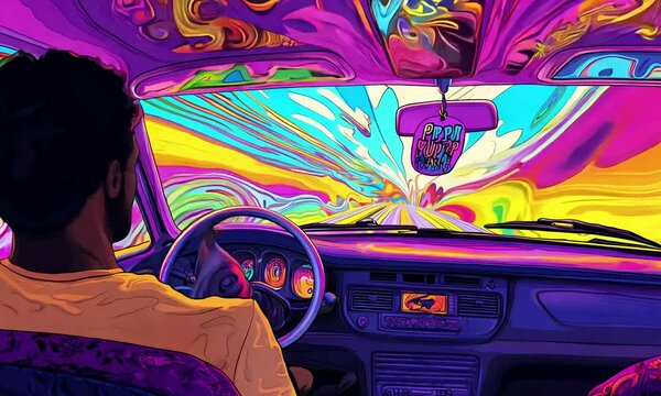 The driver goes on a psychedelic trip. Groovy acid style.