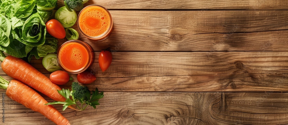Aufkleber Top down view of a glass of nutritious carrot juice and fresh veggies on a wooden surface ideal for adding text within the image. Creative banner. Copyspace image
