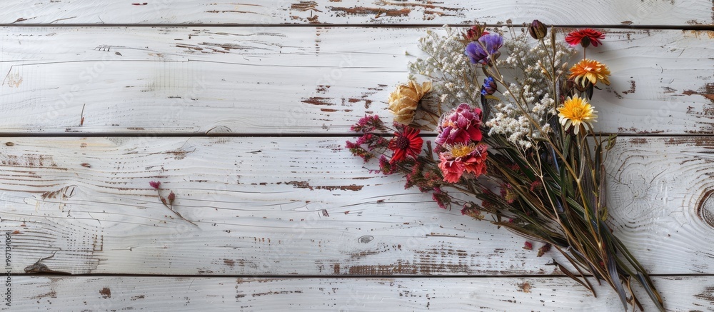 Poster bouquet of dried flowers displayed on a white weathered wooden surface with a copy space image