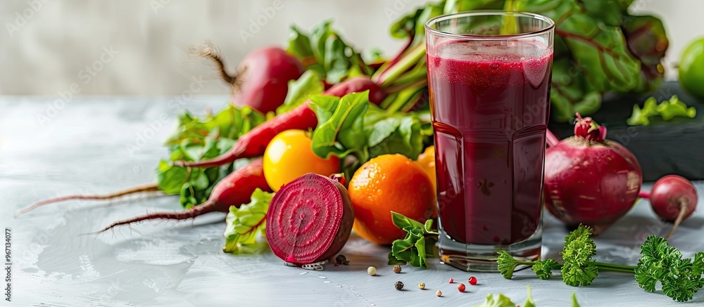 Aufkleber flat lay of ripe vegetables and a glass of fresh beet juice on a white table providing ample copy sp