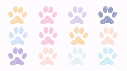 Fototapeta premium 29. A series of pastel-colored vector illustrations of cat and dog paw prints, isolated on a clean white background, great for creating logos and other design elements
