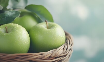 Fresh green apples inside a rattan basket