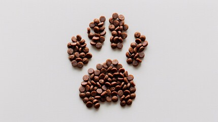 32. A dog's paw print made entirely of neatly arranged dog food pellets, set against a pristine white background, emphasizing the concept of healthy dog nutrition