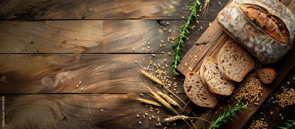 Aufkleber wooden background with sliced bread wheat grains and thyme creating a picturesque copy space image