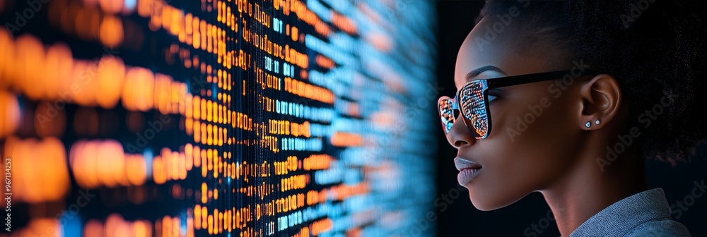 Aufkleber woman contemplating flow of binary code reflecting in her glasses cybersecurity, data analysis