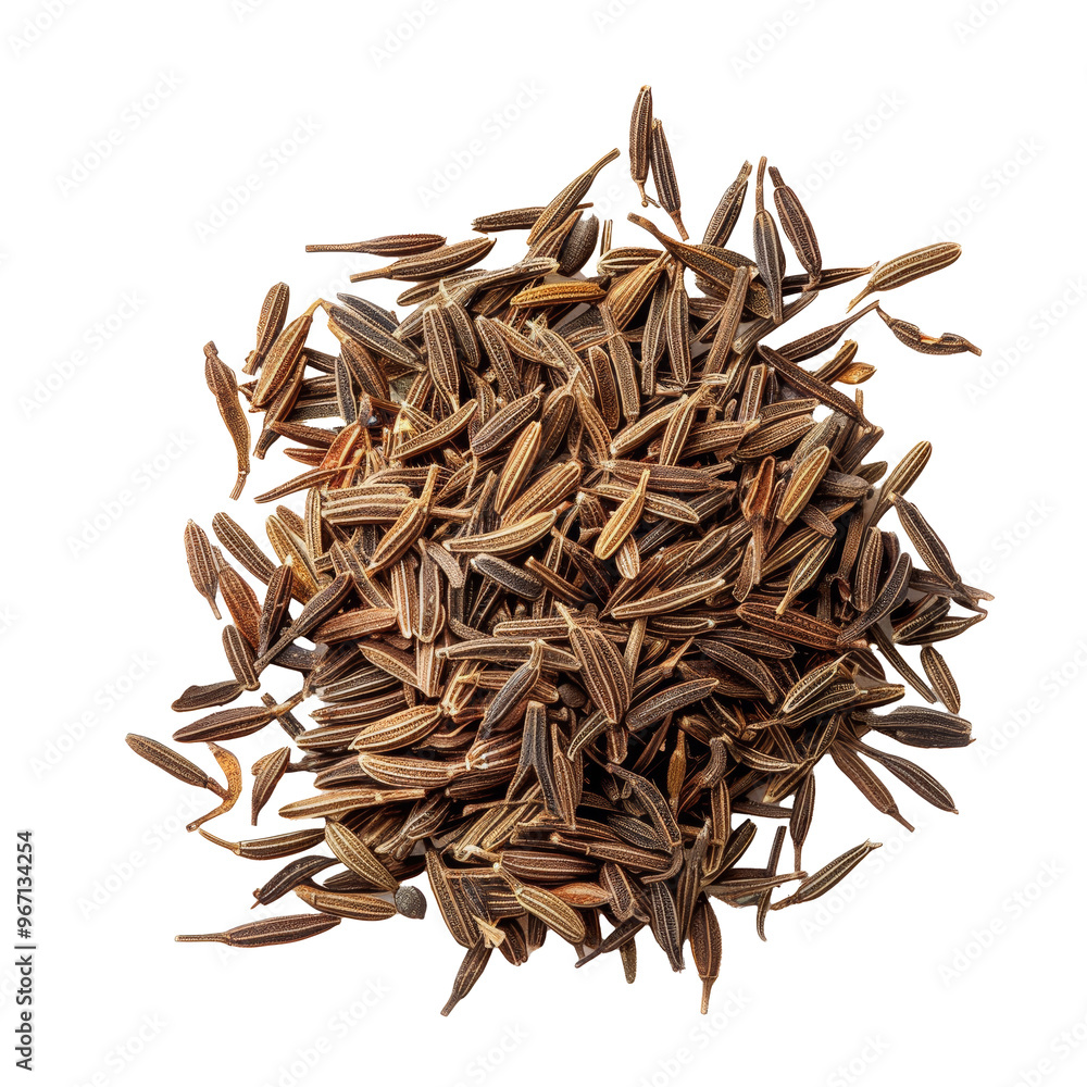 Poster cumin seeds piled high on a transparent background showcasing their distinctive shape and color, per