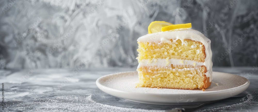 Aufkleber A lemon cake with sugary icing is elegantly presented on a white plate against a textured stone backdrop offering ample copy space for additional elements