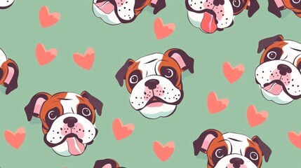 41. A repeating pattern of cute bulldog cartoon faces intertwined with heart shapes, all on a light green background, ideal for a fun and loving design