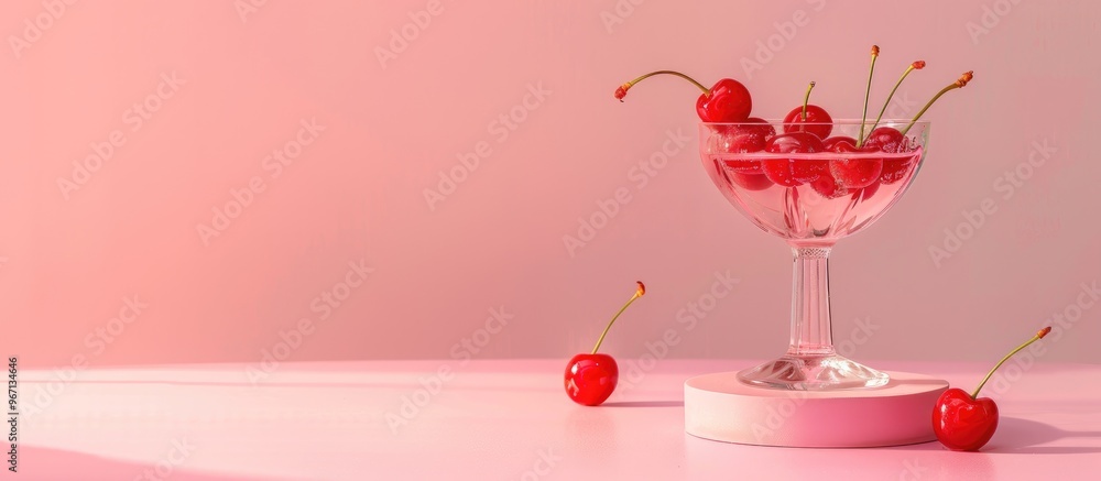Poster an arrangement of a cocktail glass with cherries beside an empty pedestal on a pastel pink backgroun