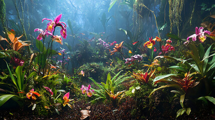 view of the Amazon rainforest floor, featuring rare and colorful flowering plants unique to the region 